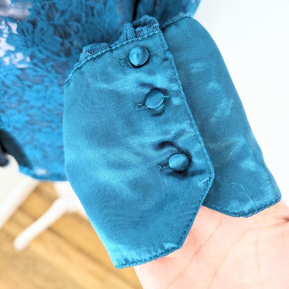 VTG 90s Y2K Selene Sport Blue Sheer Floral Lace Long Sleeve Button Up Blouse - Picture 6 of 8